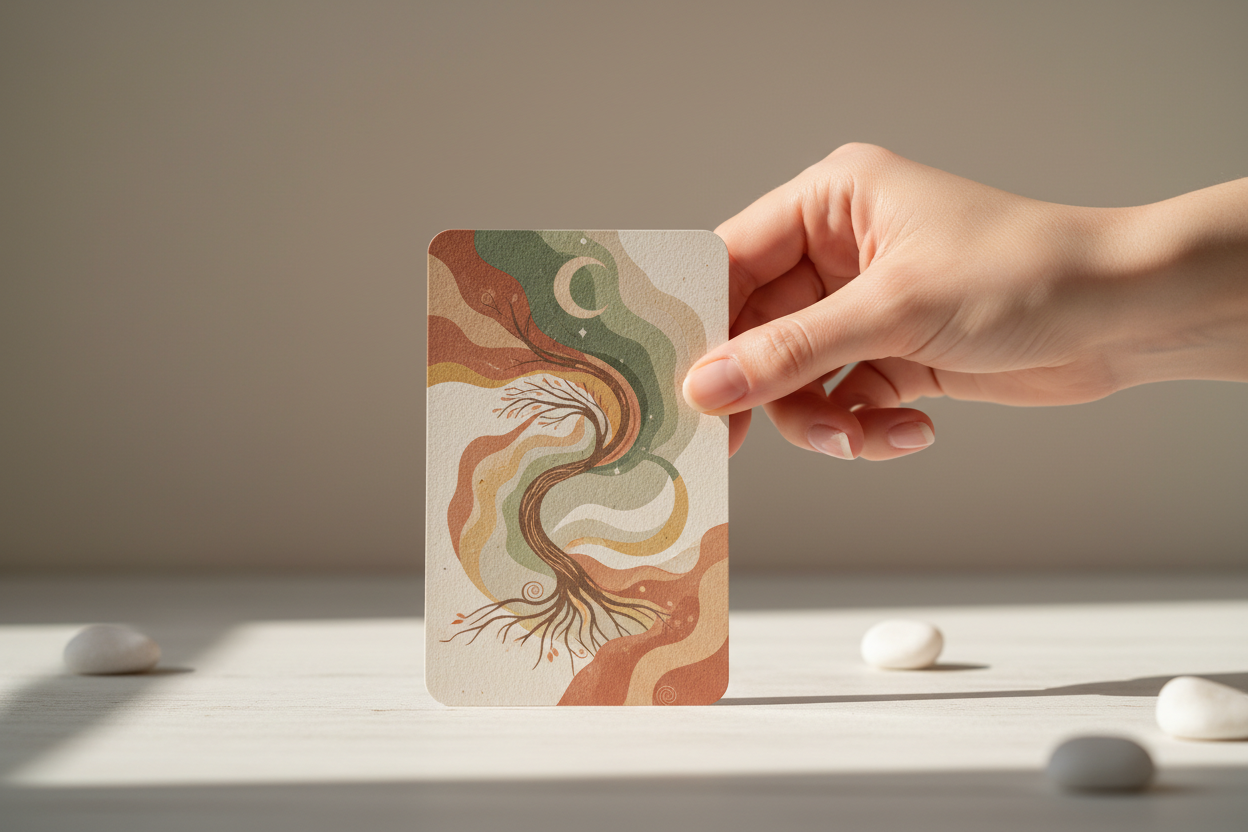 a hnd holding a card for a reading in a minimal scene. oracle cards