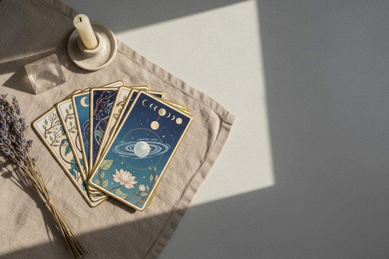 a tarot deck in a spiritual minial scene